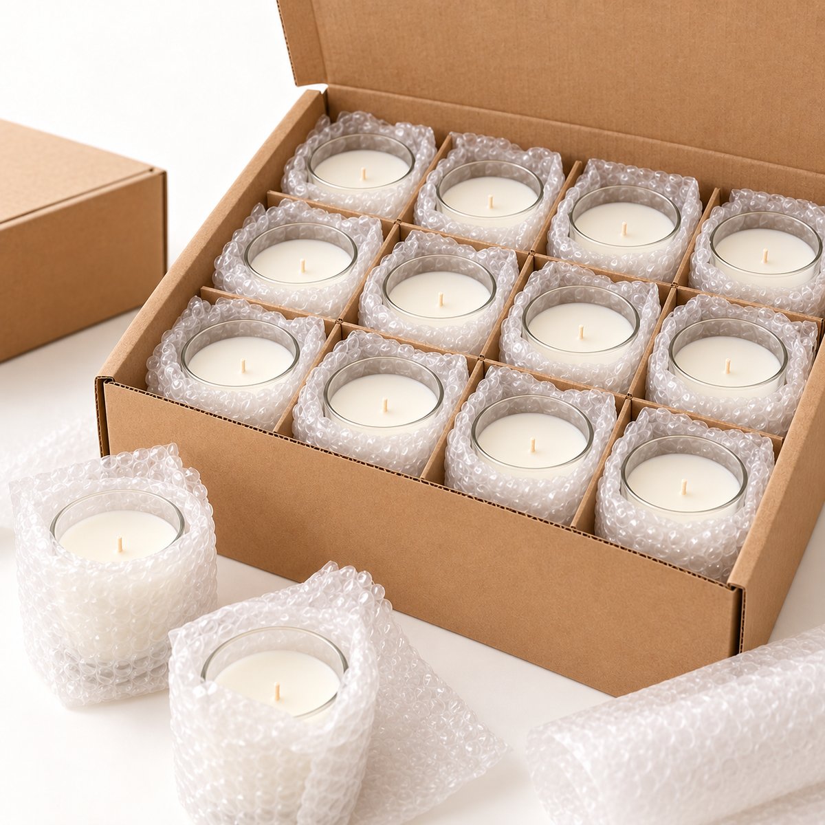 Hand-poured custom candles packed for shipping across Canada