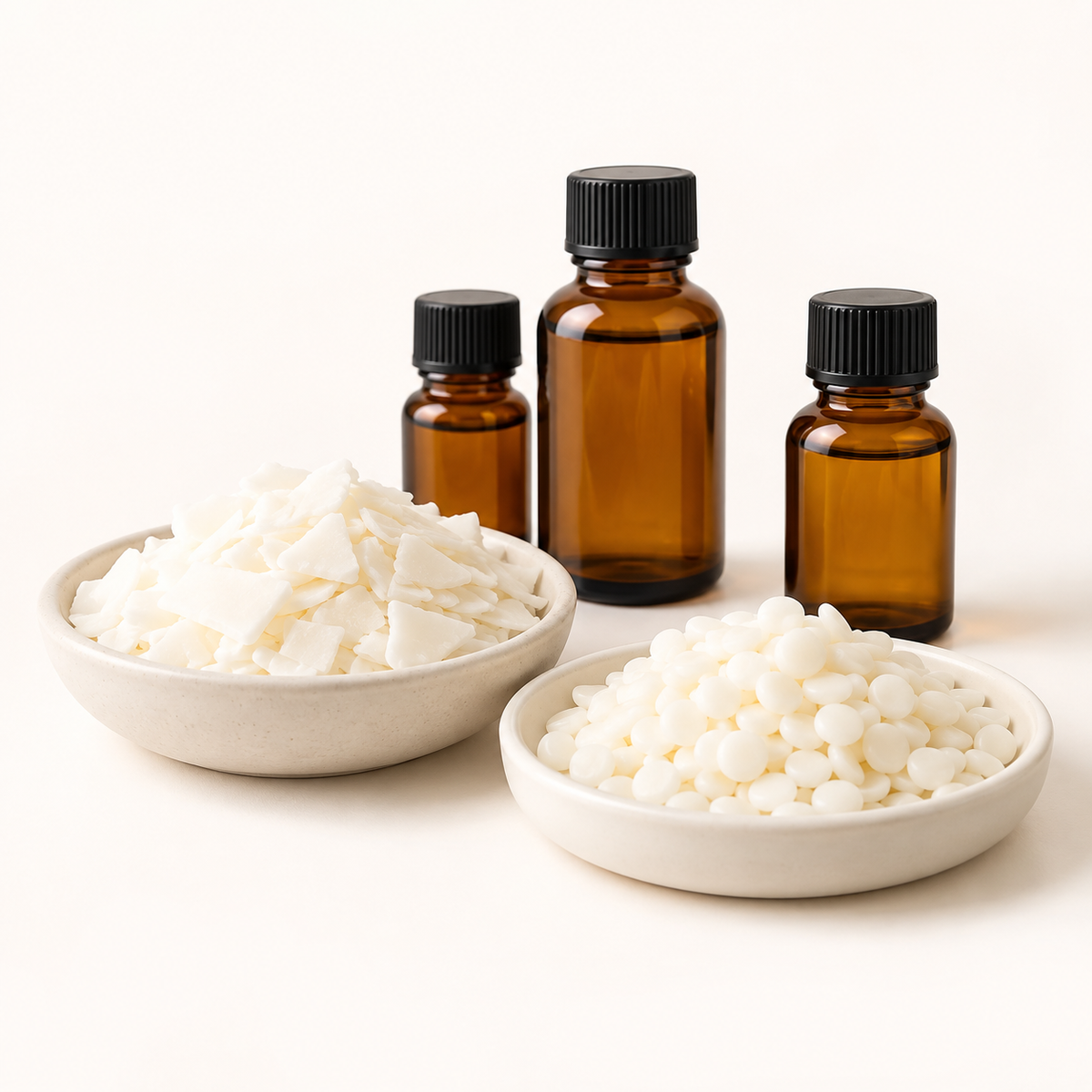 Fragrance oil bottles with coconut-apricot and soy candle wax