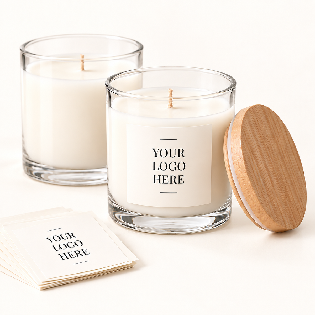 Private label candle with custom logo label and wooden lid