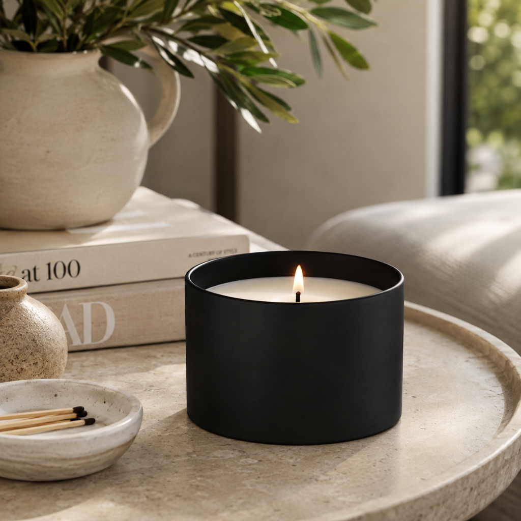 BoroLux matte black candle jar with lit soy candle, styled on a stone tray