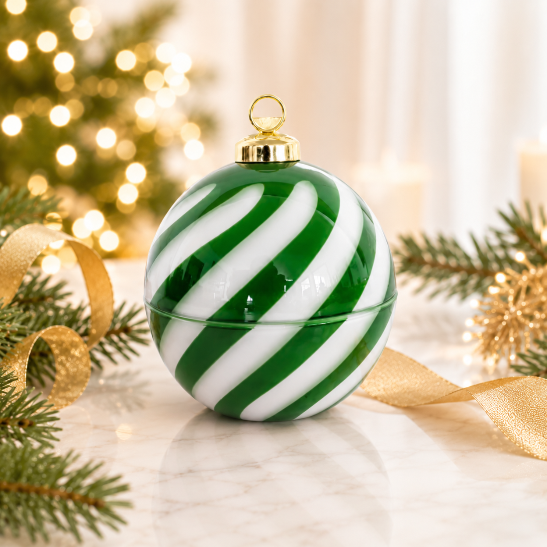 Green and white holiday ornament candle vessel for Christmas candles, glossy glass jar with ornament-style lid in festive holiday setting.