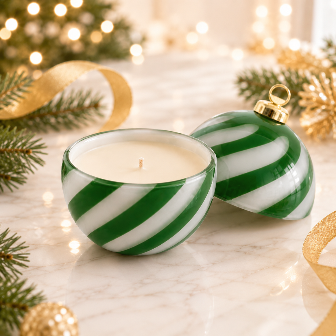 Green and white holiday ornament candle vessel with wax, glossy glass jar for Christmas candles in a festive holiday setting.