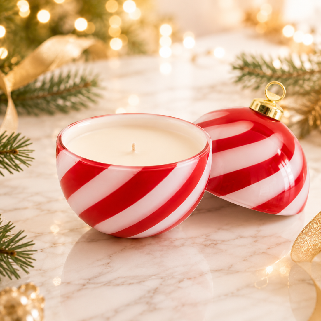 Red and white holiday ornament candle jar with wax, glossy glass vessel for Christmas candles and holiday collections.