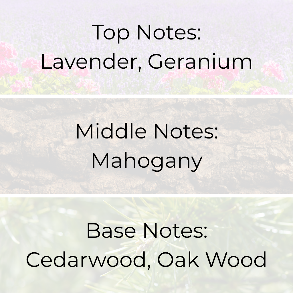 Mahogany Teakwood fragrance oil scent notes – lavender and geranium top, mahogany middle, cedarwood and oak wood base. Premium fragrance oils sold in Canada for candles, soaps, and wax melts.