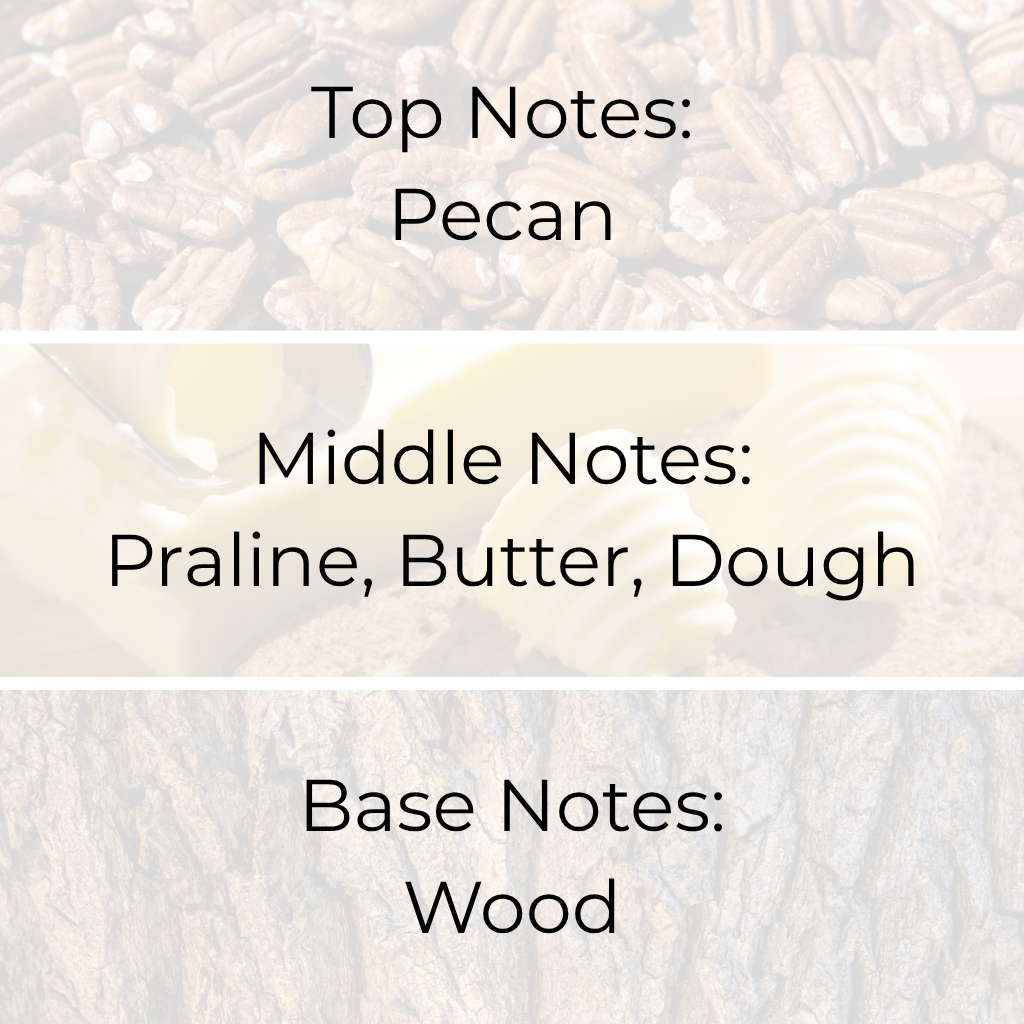 Praline Pecan Pie fragrance oil scent notes – pecan top note, praline, butter, dough middle notes, and wood base note. Premium fragrance oils in Canada for candle making and bakery-inspired blends.