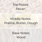 Praline Pecan Pie fragrance oil scent notes – pecan top note, praline, butter, dough middle notes, and wood base note. Premium fragrance oils in Canada for candle making and bakery-inspired blends.
