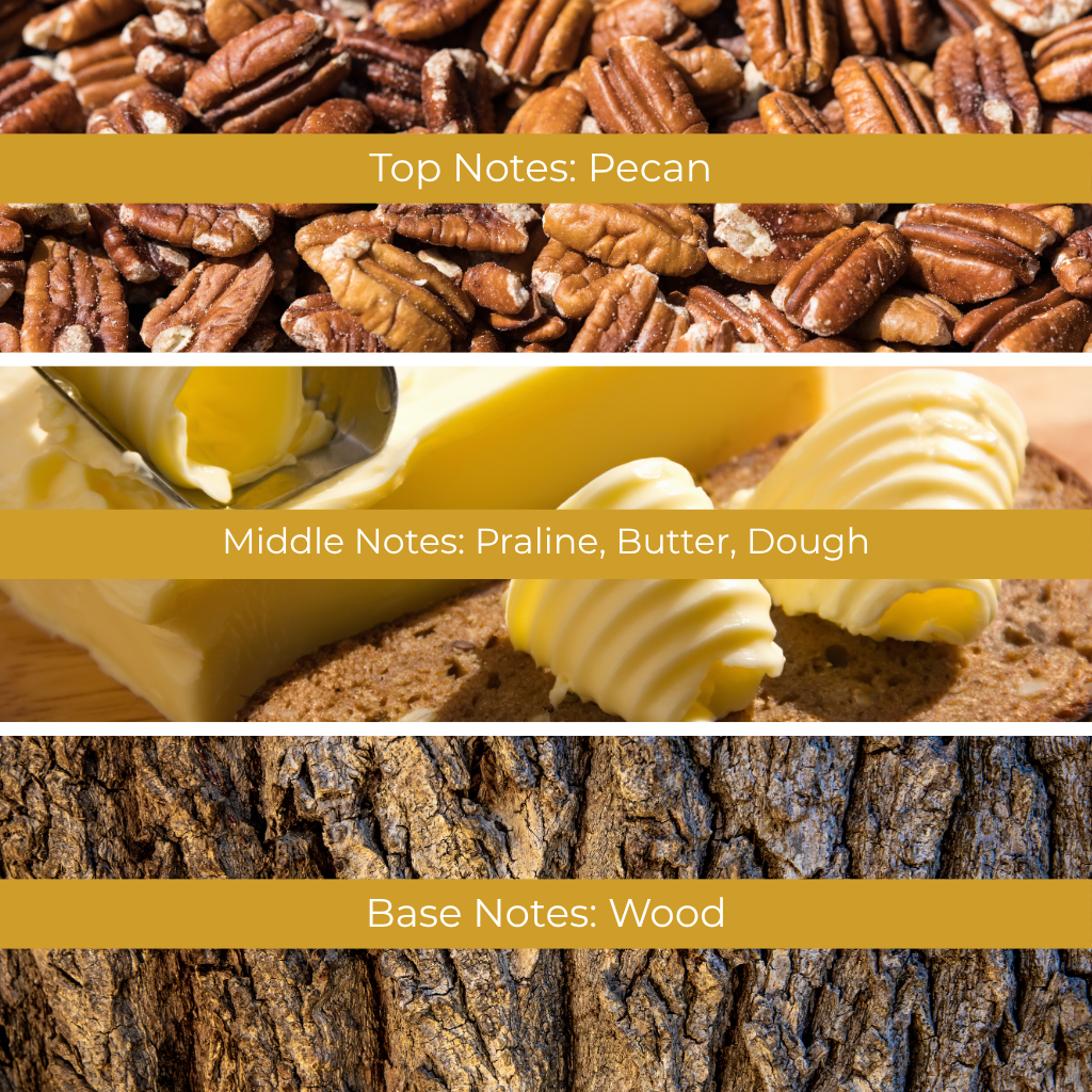 Praline Pecan Pie fragrance oil with pecans, butter, dough, and wood scent pyramid. High-quality bakery fragrance oil sold in Canada for candles and wax melts.