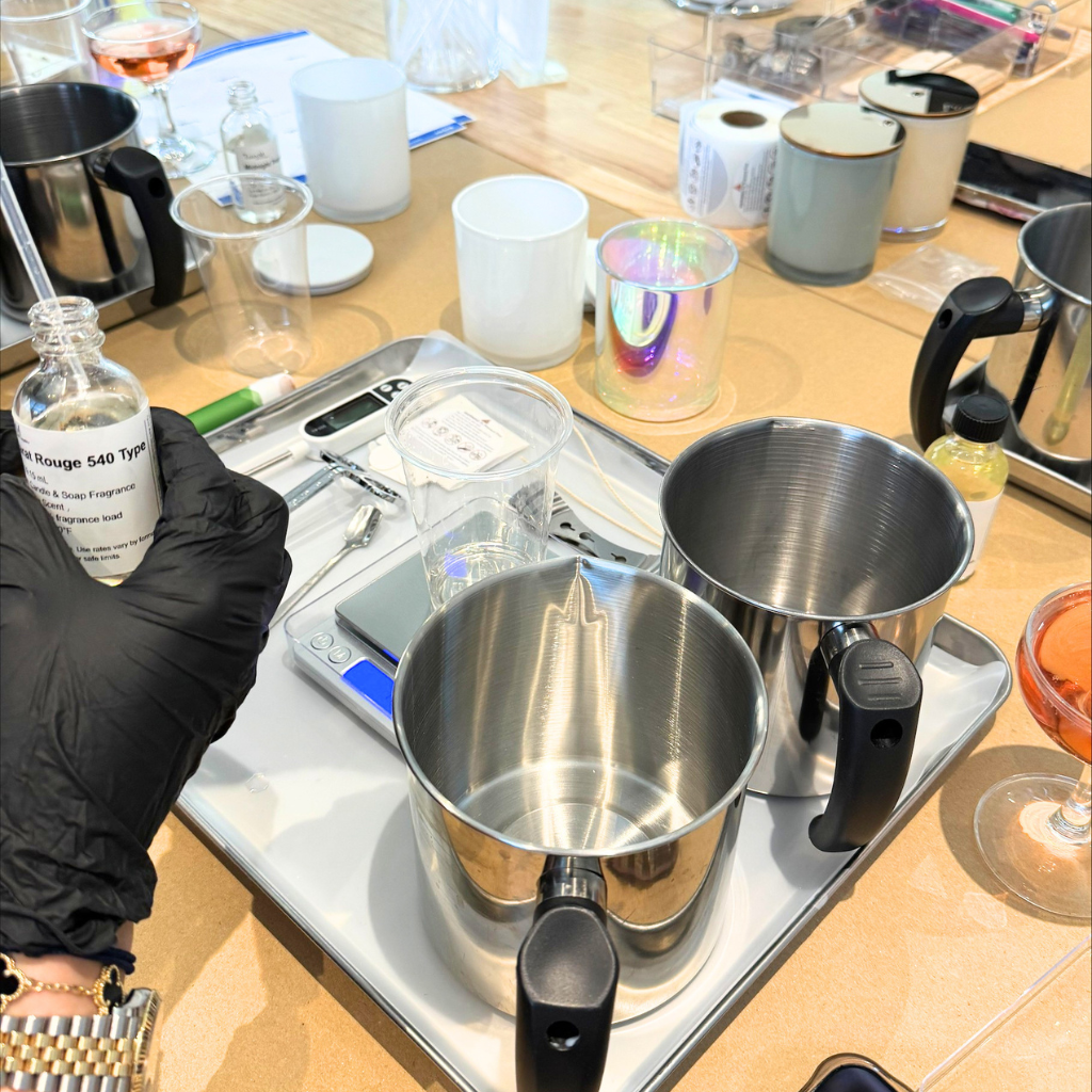 Group candle making event in Toronto at LuxyM Studio creating custom scented candles