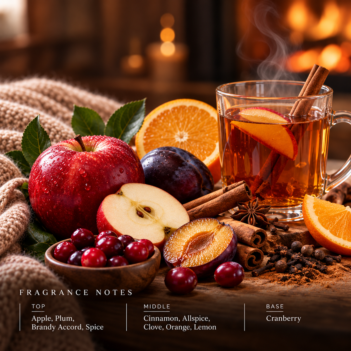 Spiced Apple Toddy fragrance oil with apple, plum, cinnamon, clove and cranberry notes
