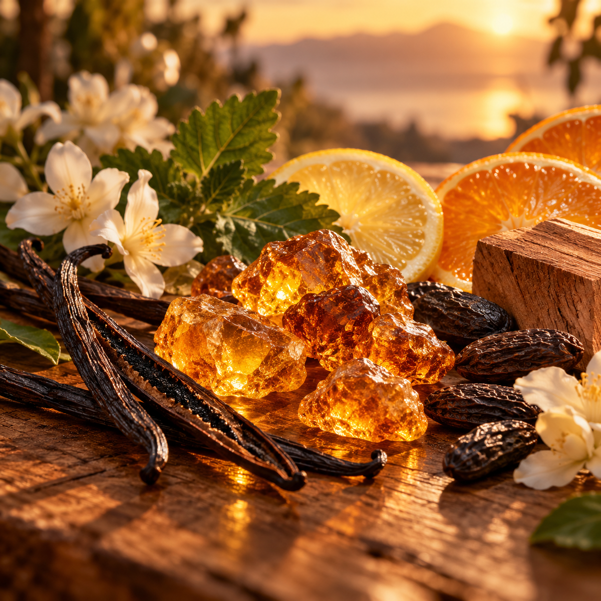 Amber Twilight fragrance oil with amber resin, vanilla beans, tonka beans, cedarwood and citrus slices