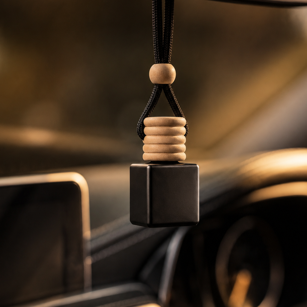 Black matte glass hanging car air freshener diffuser bottle in warm golden luxury car interior