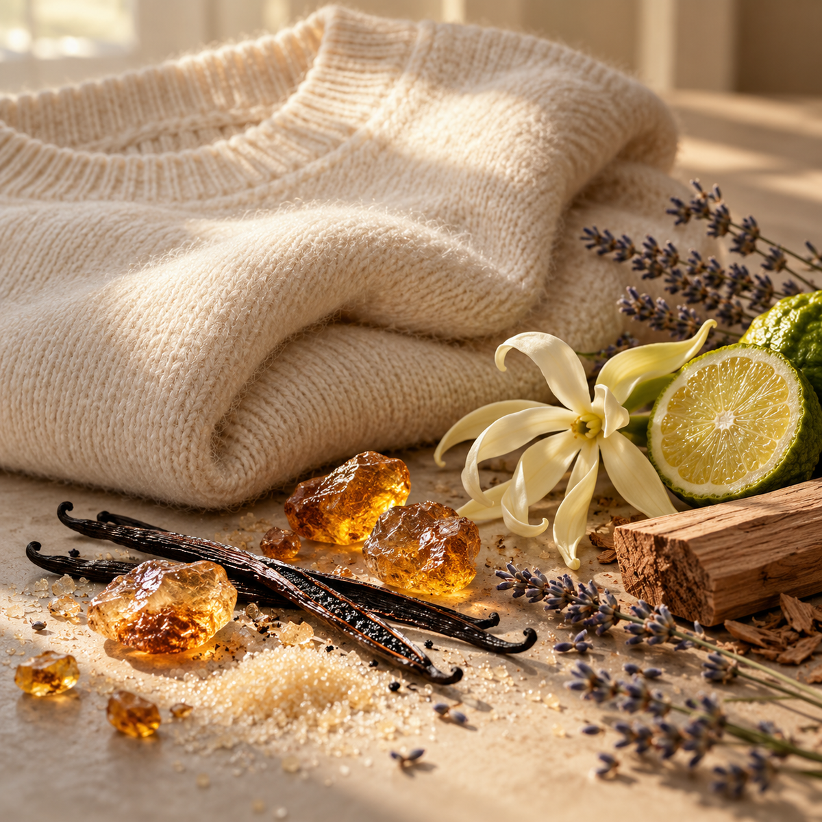 Cashmere Amber fragrance oil notes: bergamot and powder top, sugar, lavender, vanilla and ylang-ylang heart, amber, musk and sandalwood base