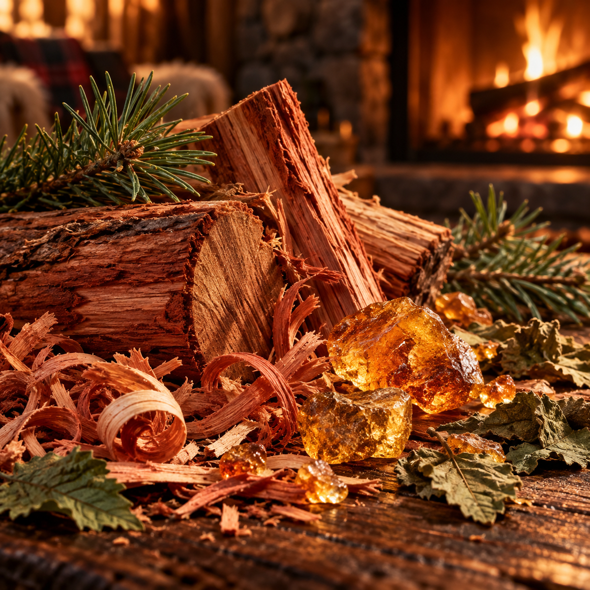 Cedarwood and Amber fragrance oil with cedar logs, cedar shavings and amber resin by a fireplace