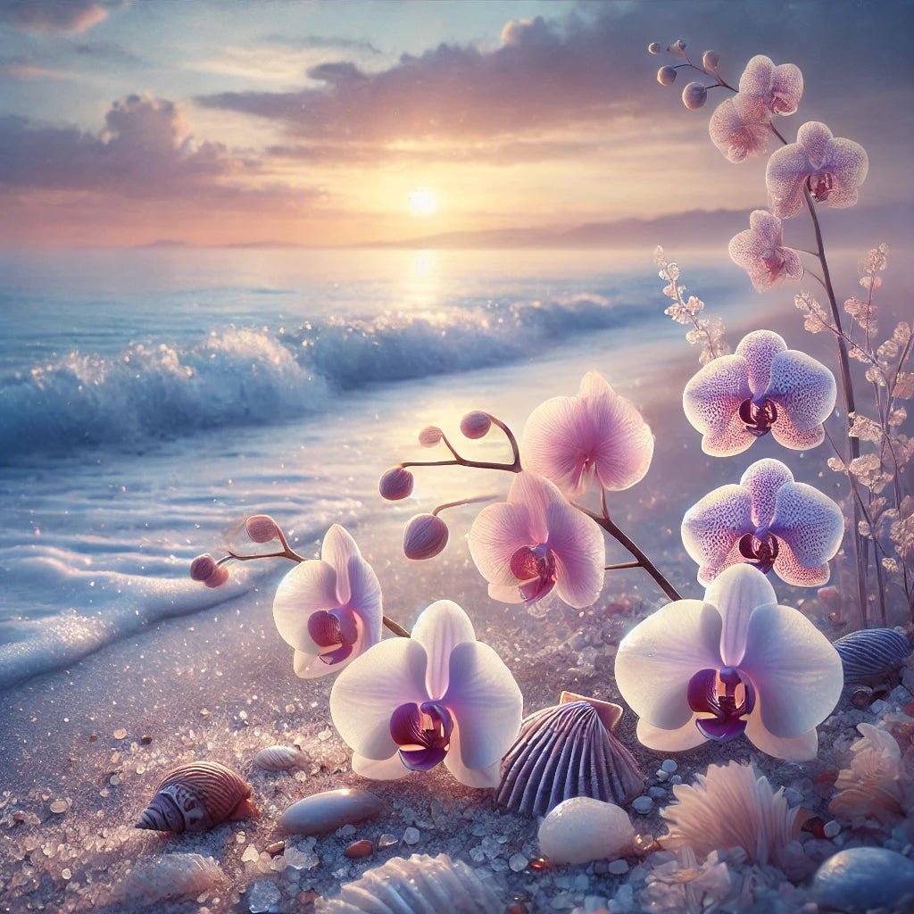 Coastal Orchid and Sea Mist fragrance oil with pink orchids, seashells and ocean waves at sunset