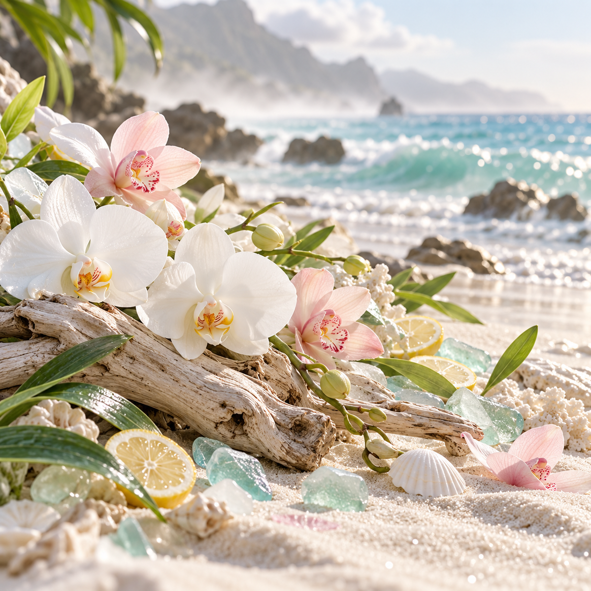Coastal Orchid and Sea Mist fragrance oil with white orchids, driftwood, sea glass, lemon slices and ocean mist
