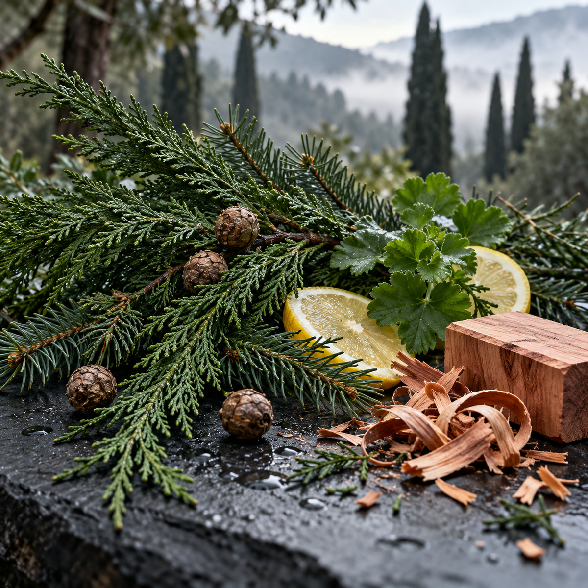 Cypress fragrance oil with fresh cypress and fir branches, cypress cones, lemon slices and cedar shavings