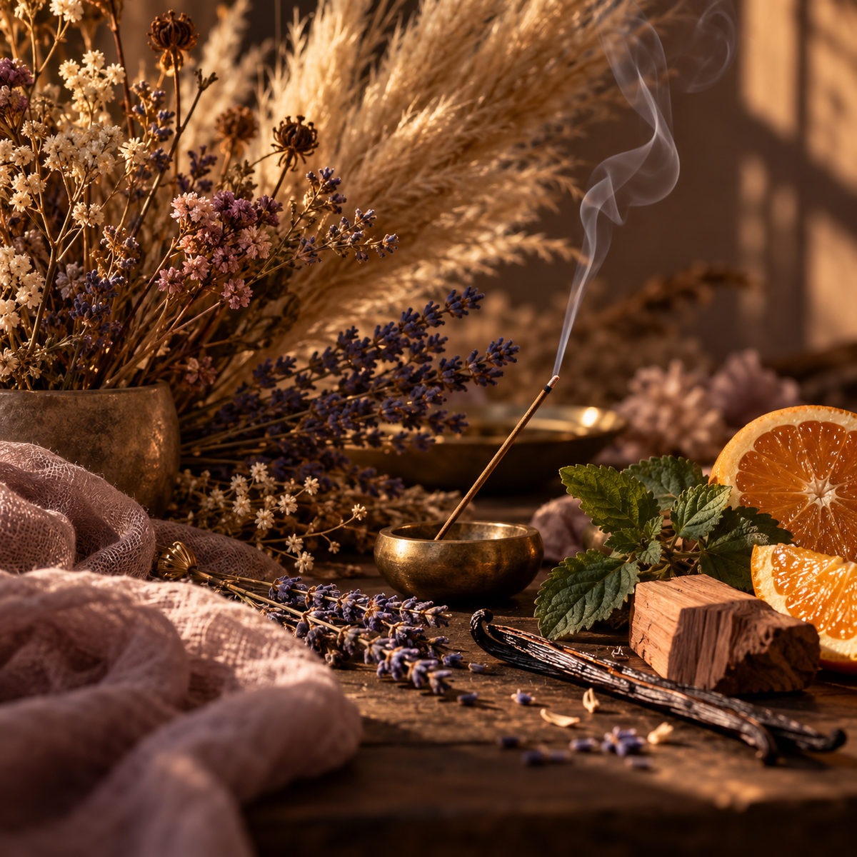Dried Blooms and Incense fragrance oil with dried wildflowers, incense smoke, patchouli, orange slices and vanilla
