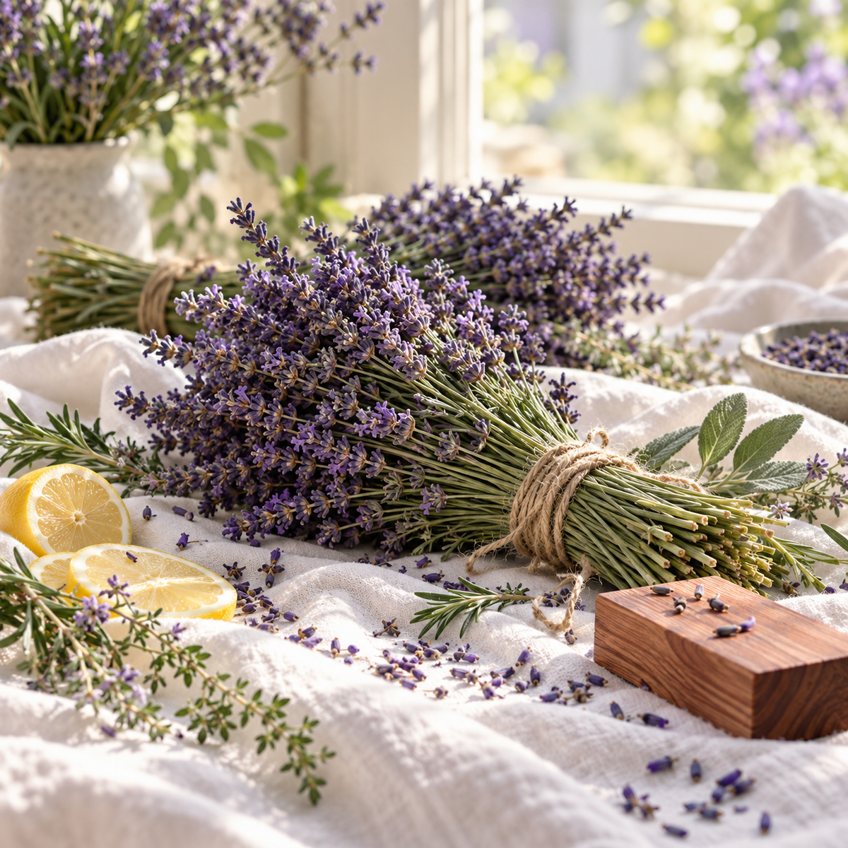 English Lavender fragrance oil with fresh lavender bundles, lavender buds, lemon slices and herbs on white linen
