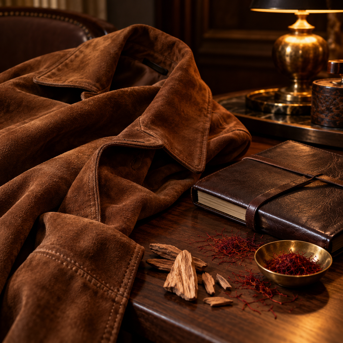 Leather and Suede fragrance oil with suede jacket, leather journal, sandalwood and saffron