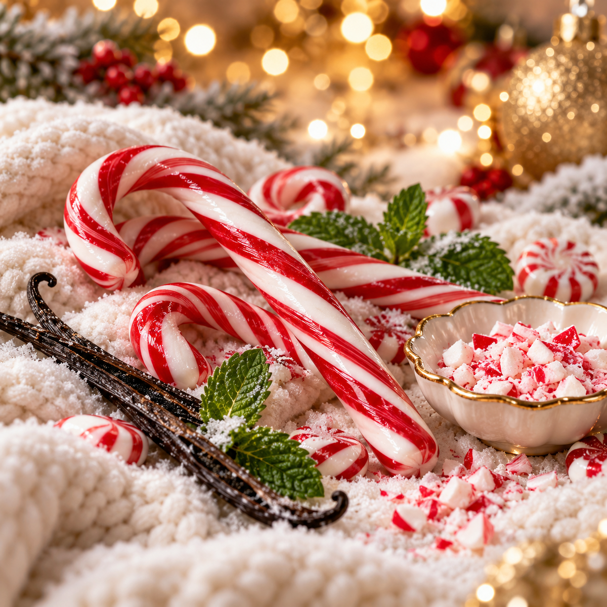 North Pole type fragrance oil with candy canes, peppermint candies, mint leaves and vanilla beans