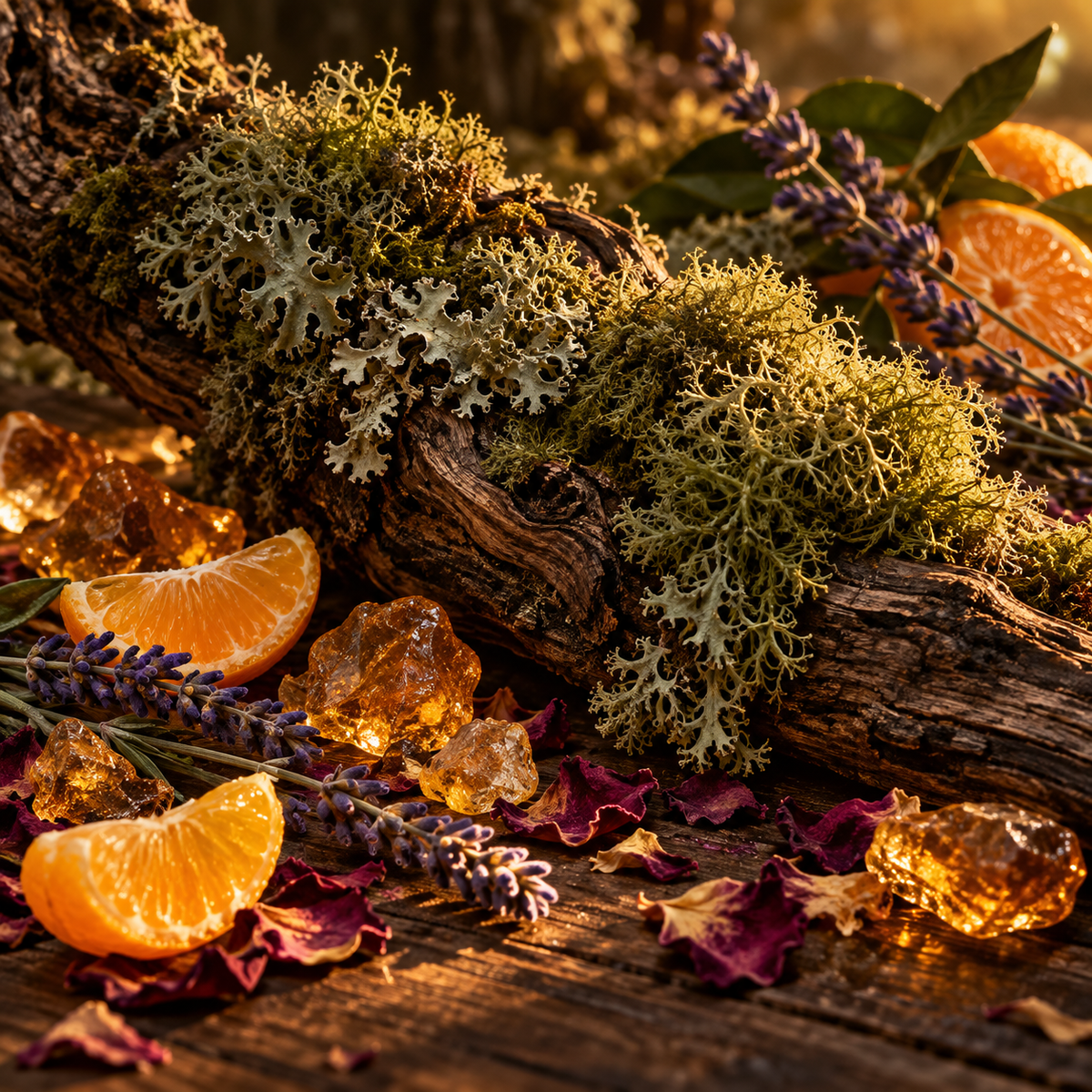 Oakmoss and Amber type fragrance oil with oakmoss, amber resin, mandarin, lavender and rose petals