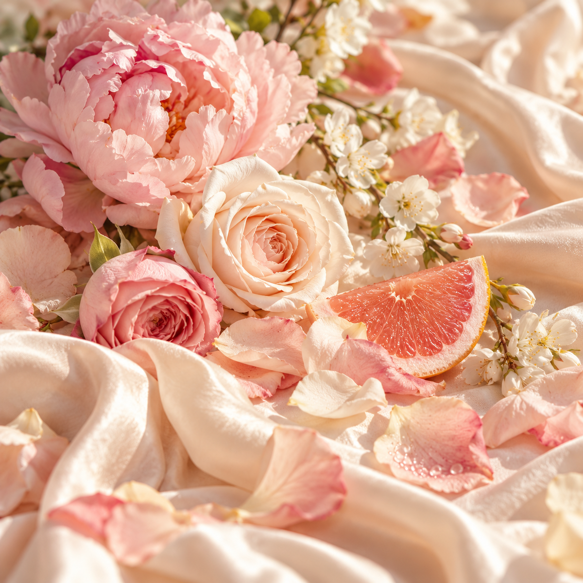 Soft Petals fragrance oil with blush rose petals, peonies, silk fabric and a grapefruit slice