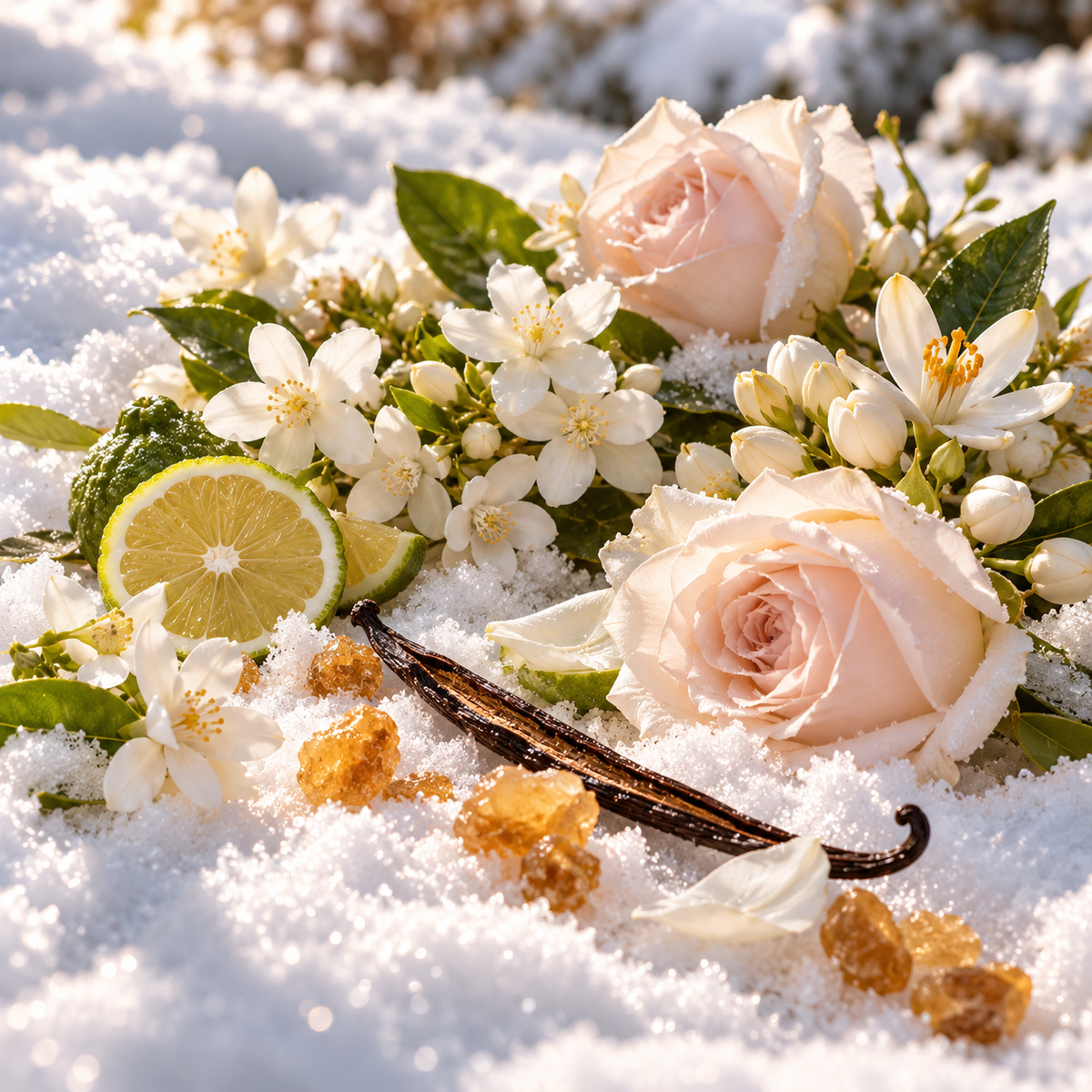 Soleil Neige type fragrance oil with jasmine, orange blossom, blush roses and vanilla on sparkling snow