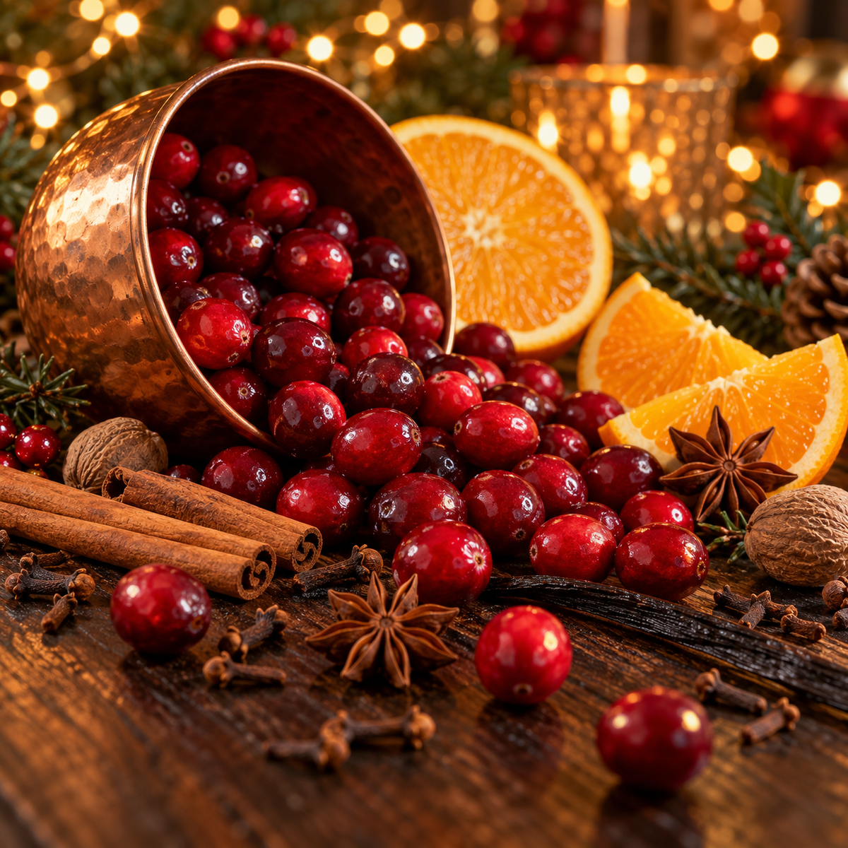 Spiced Cranberry fragrance oil with fresh cranberries, orange slices, cinnamon sticks, cloves and nutmeg