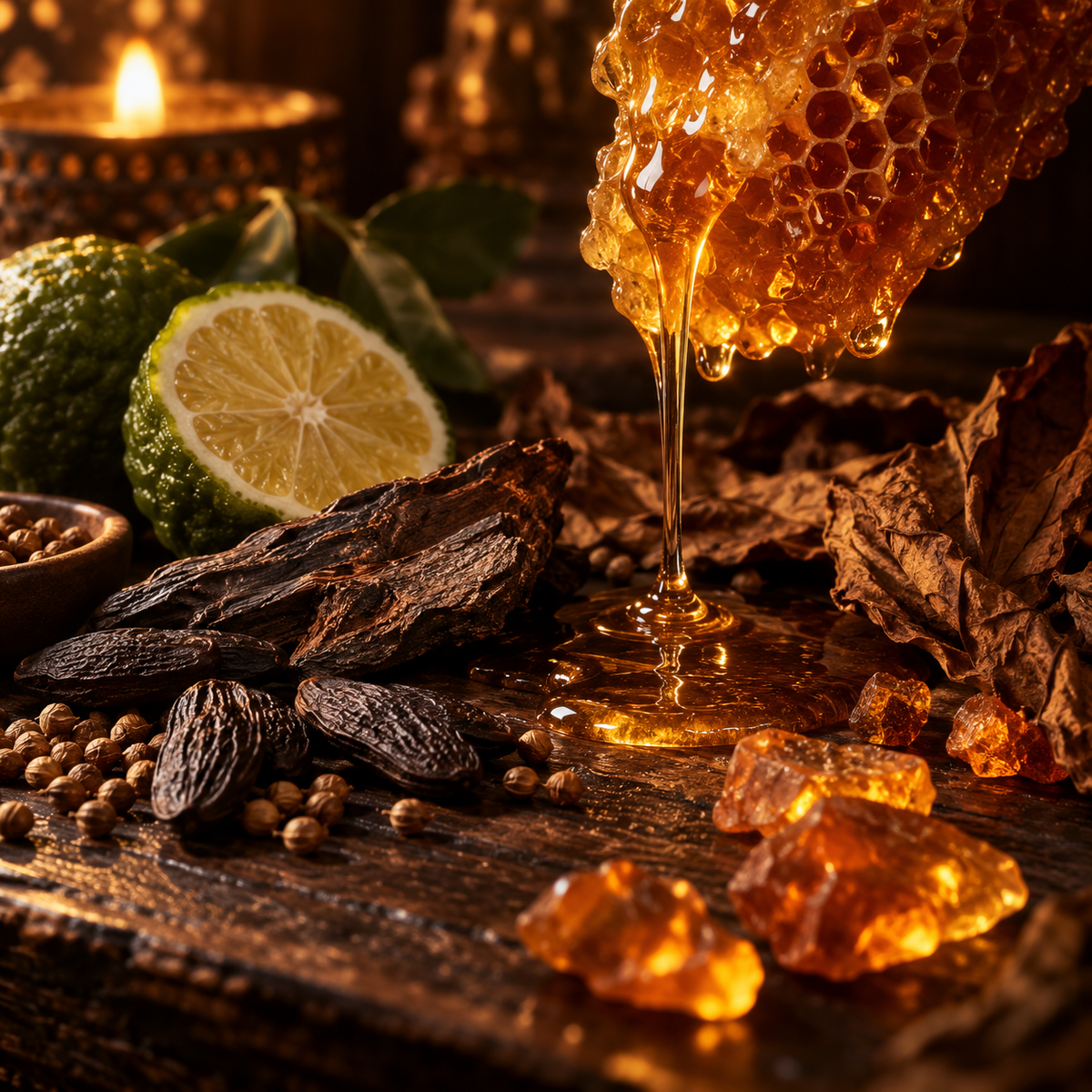 Spicy Honey and Tonka fragrance oil with dripping honeycomb, tobacco leaves, oud wood, tonka beans and amber