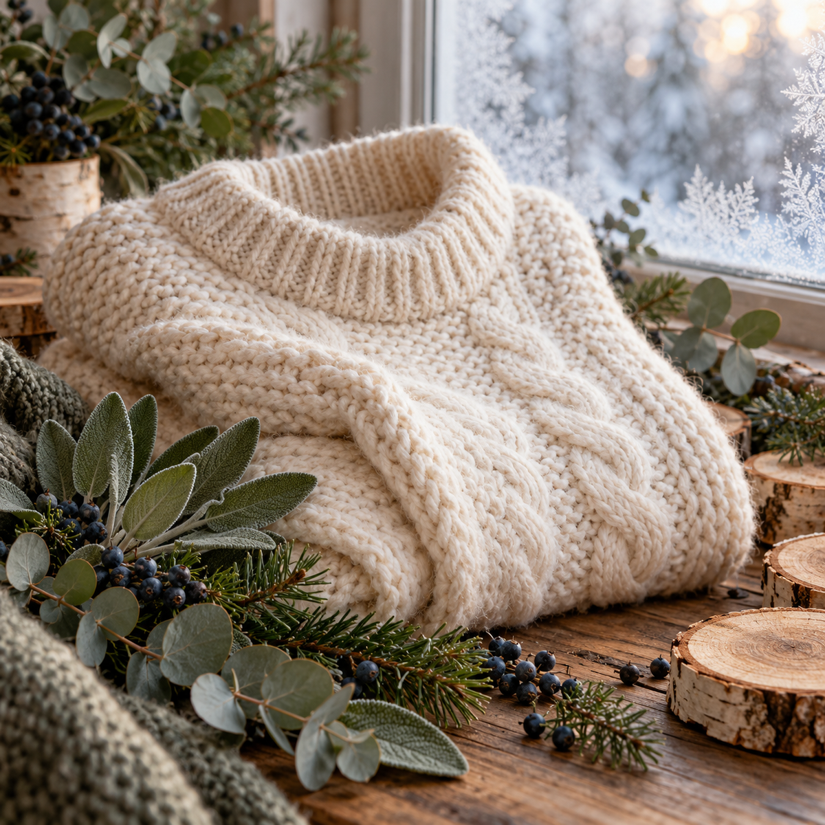 Sweater Weather type fragrance oil with sage, eucalyptus, juniper berries and cream knit sweater
