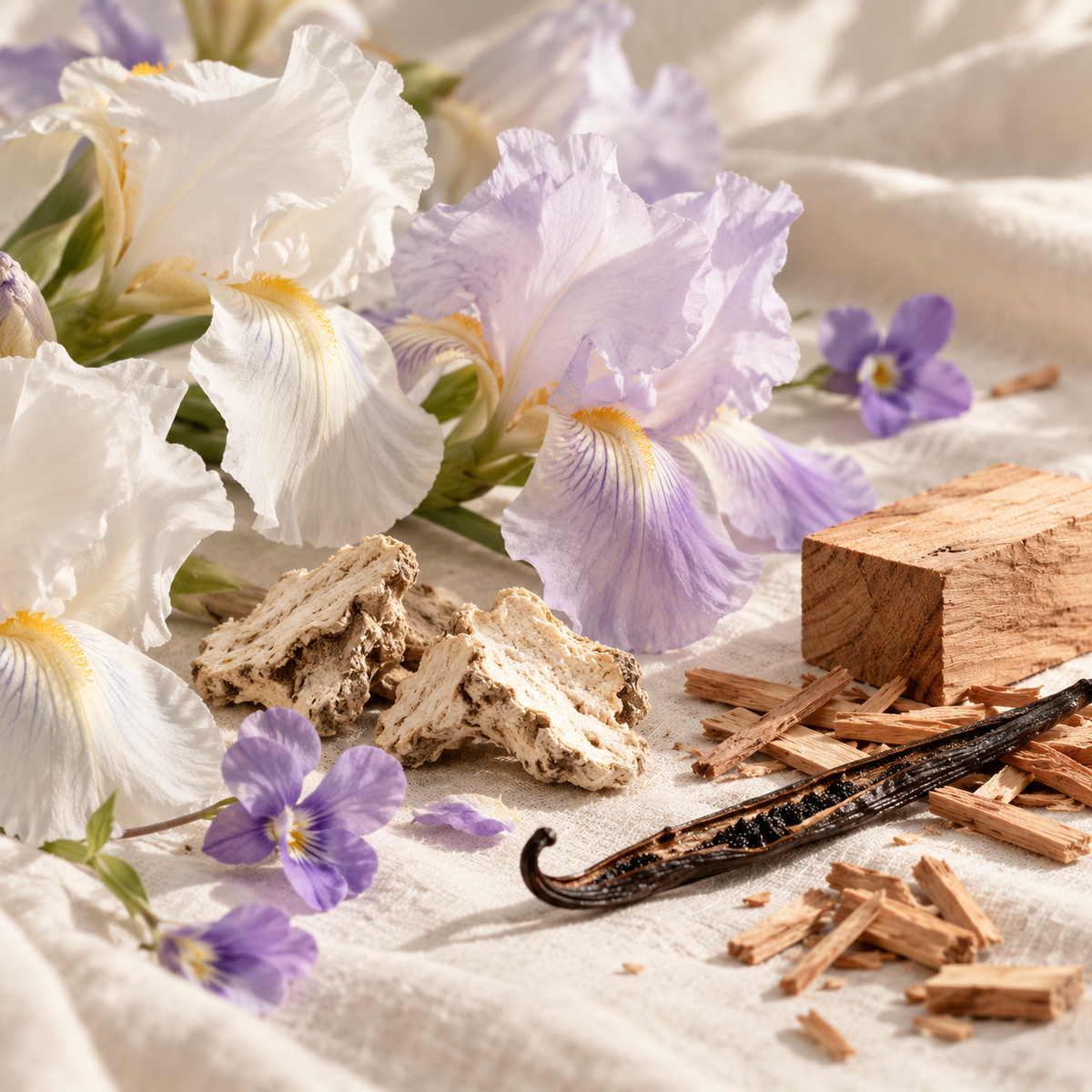 White Orris fragrance oil with white iris flowers, violets, orris root, cedar and sandalwood