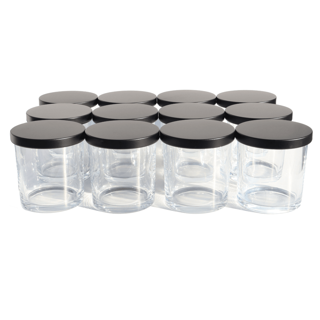 LuxyM candle supply- Clear candle jars with black lids